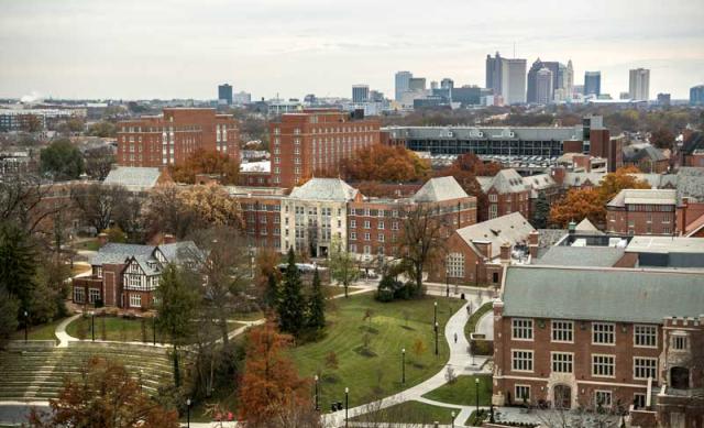 Image of Ohio State's Columbus campus with the city's skyline in the distance