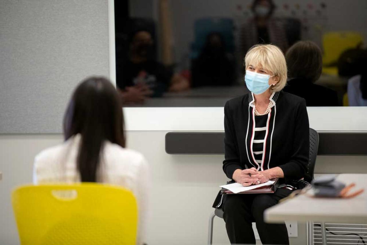 Image of Ohio State President Kristina Johnson seated in a classroom