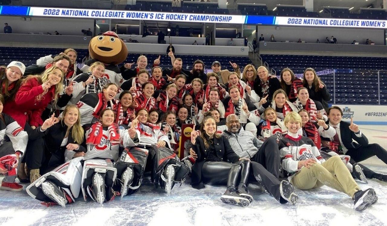 Image of Ohio State's women's hockey team on the ice after winning the NCAA national championship