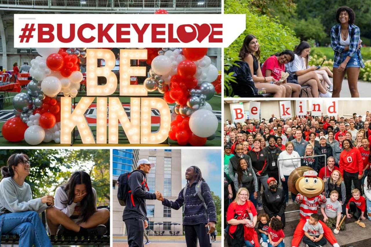 A collage of images showing Buckeyes being kind to one another. #BuckeyeLove is overlaid on the top left corner.
