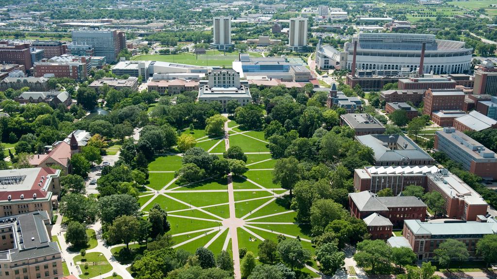 Aerial view of the Oval on Ohio State's Columbus campus