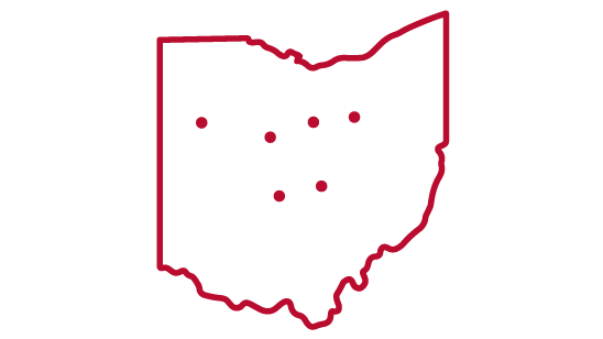Red outline of the state of Ohio with dots illustrating the locations of The Ohio State University's campuses
