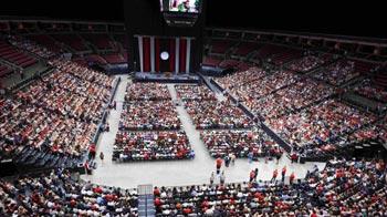 Students and guests seated in the Schottenstein Center for convocation at Ohio State