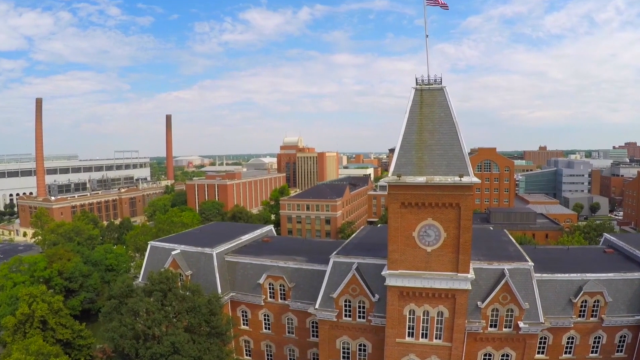 Aerial view of Bricker Hall, office of the university president
