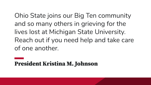 Ohio State joins our Big Ten community and so many others in grieving for the lives lost at Michigan State University. Reach out if you need help and take care of one another.